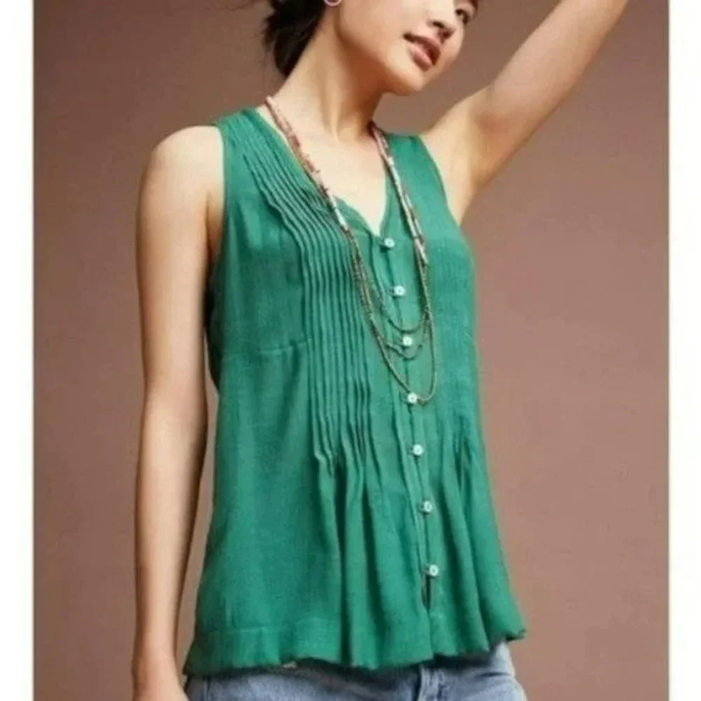Maeve Anthropologie Saona Green Pintuck Tank XS